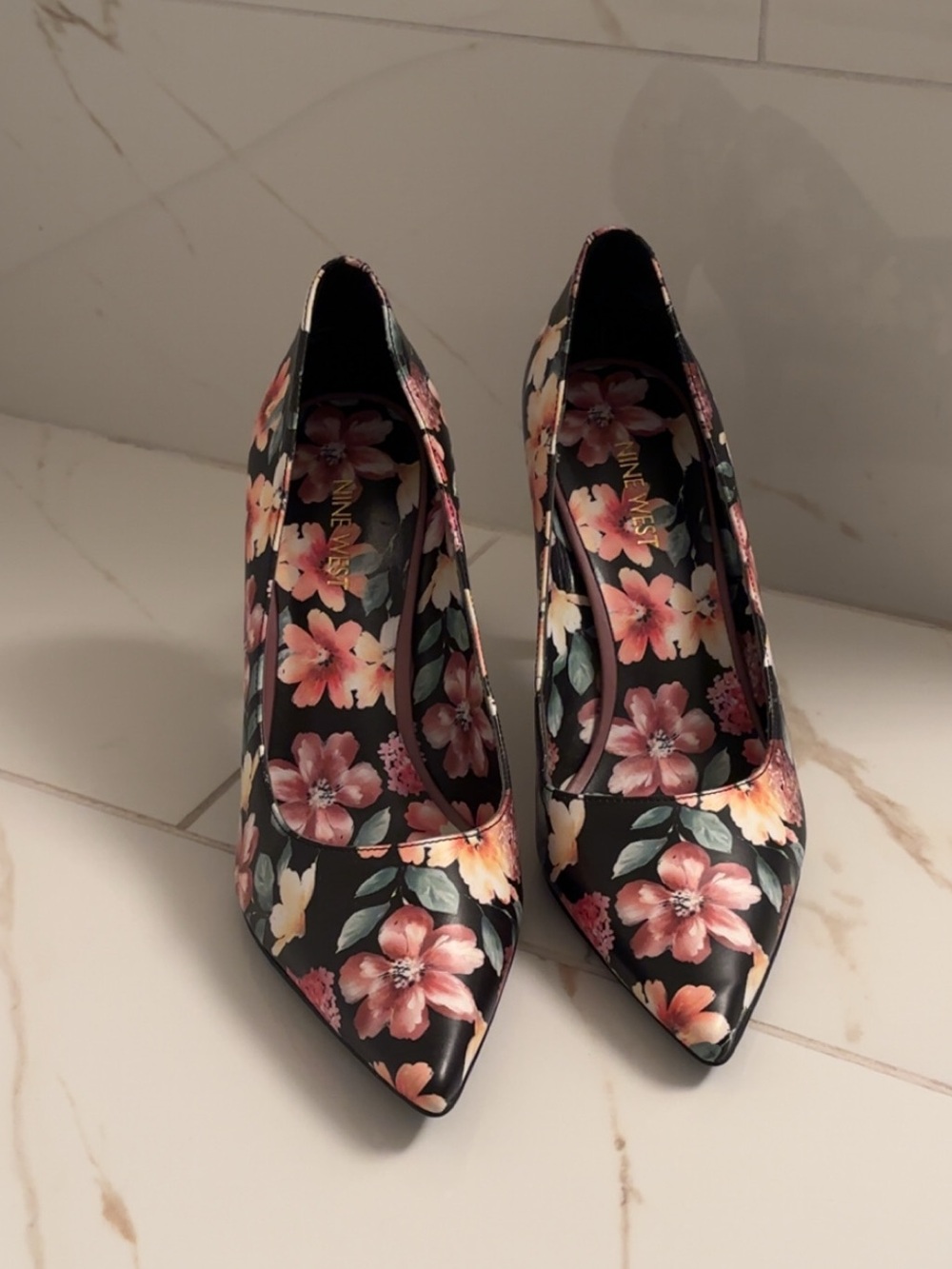 Nine West Black Floral Pointed-Toe Heels with Pink and Peach Blooms